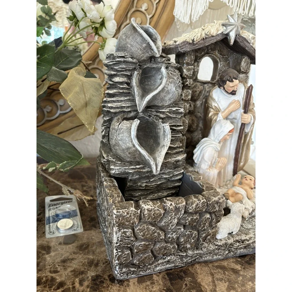 Rare Jesus Mary Joseph Nativity Water Fountain Manger Bethlehem Christian Sheep